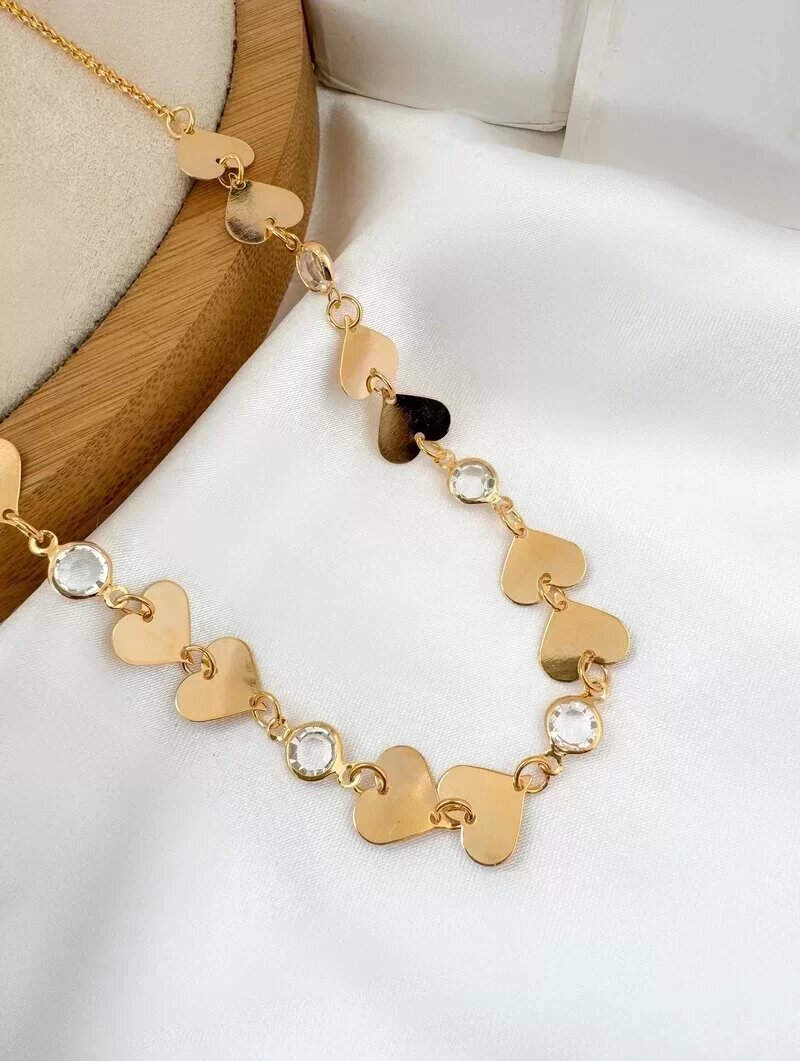 Colar Folheado a Ouro 18k Corações Chapinhas com Pontos de Luz