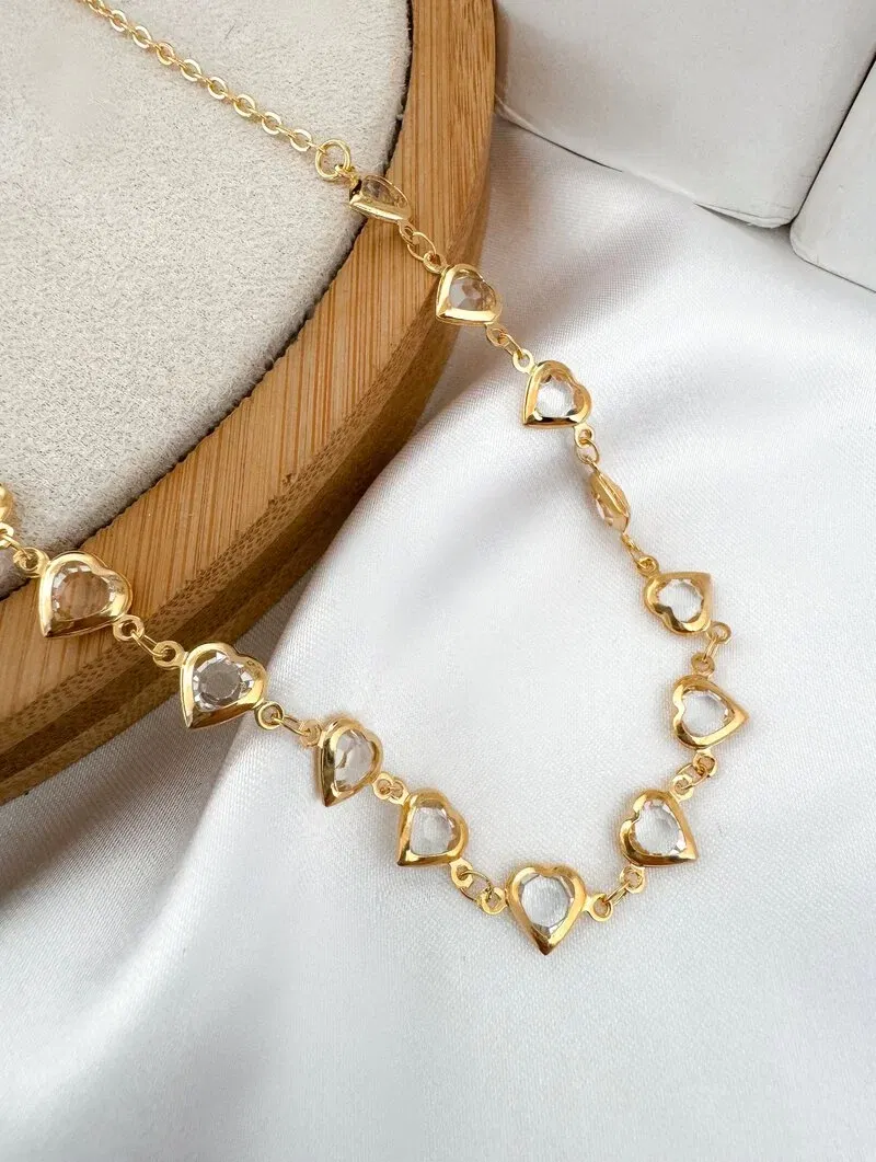 Colar Folheado a Ouro 18k Corações de Zircônias