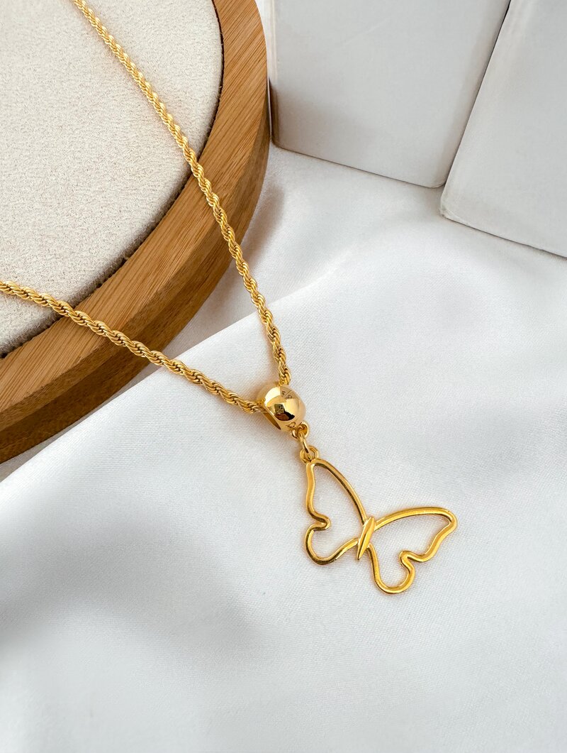 Colar Folheado a Ouro 18k Cordão Baiano com Borboleta Vazada