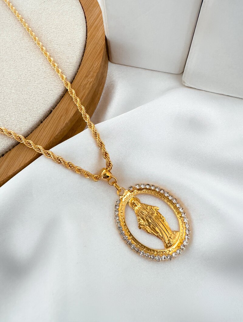 Colar Folheado a Ouro 18k Cordão Baiano com Pingente Nossa Senhora