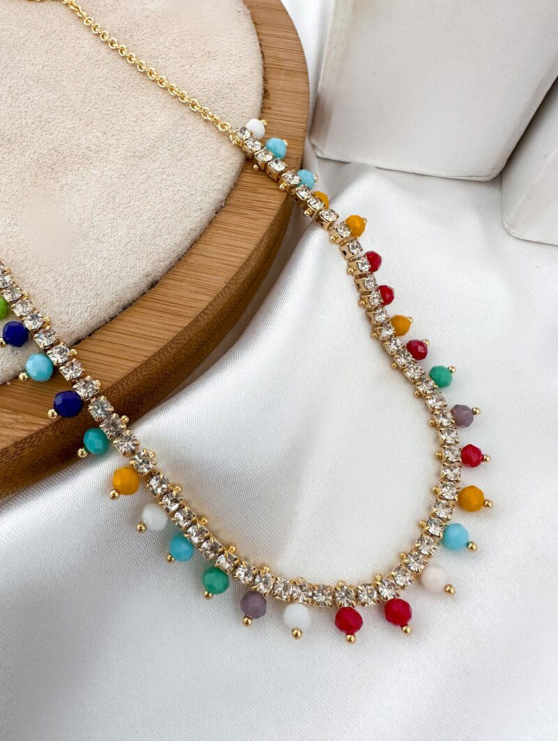 Colar Folheado a Ouro 18k Corrente com Micro Zircônias e Cristais Coloridos