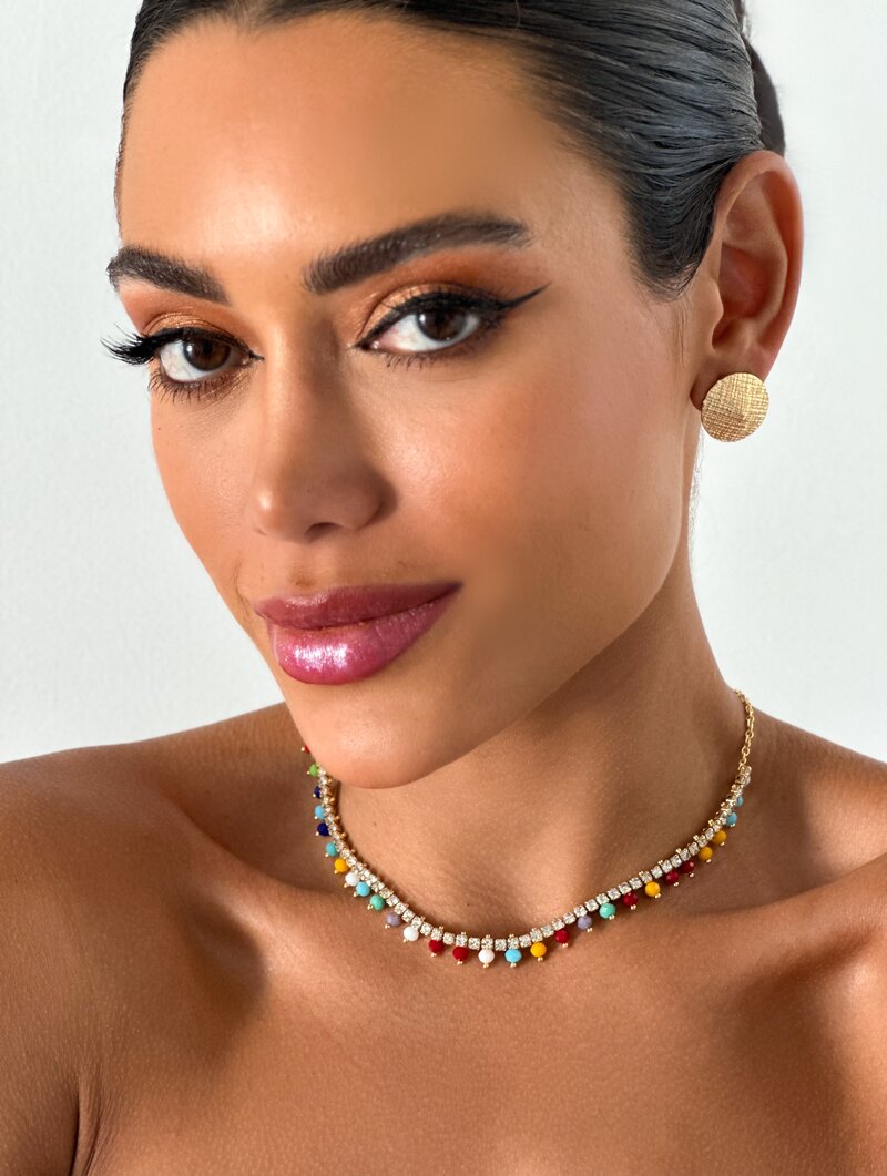 Colar Folheado a Ouro 18k Corrente com Micro Zircônias e Cristais Coloridos