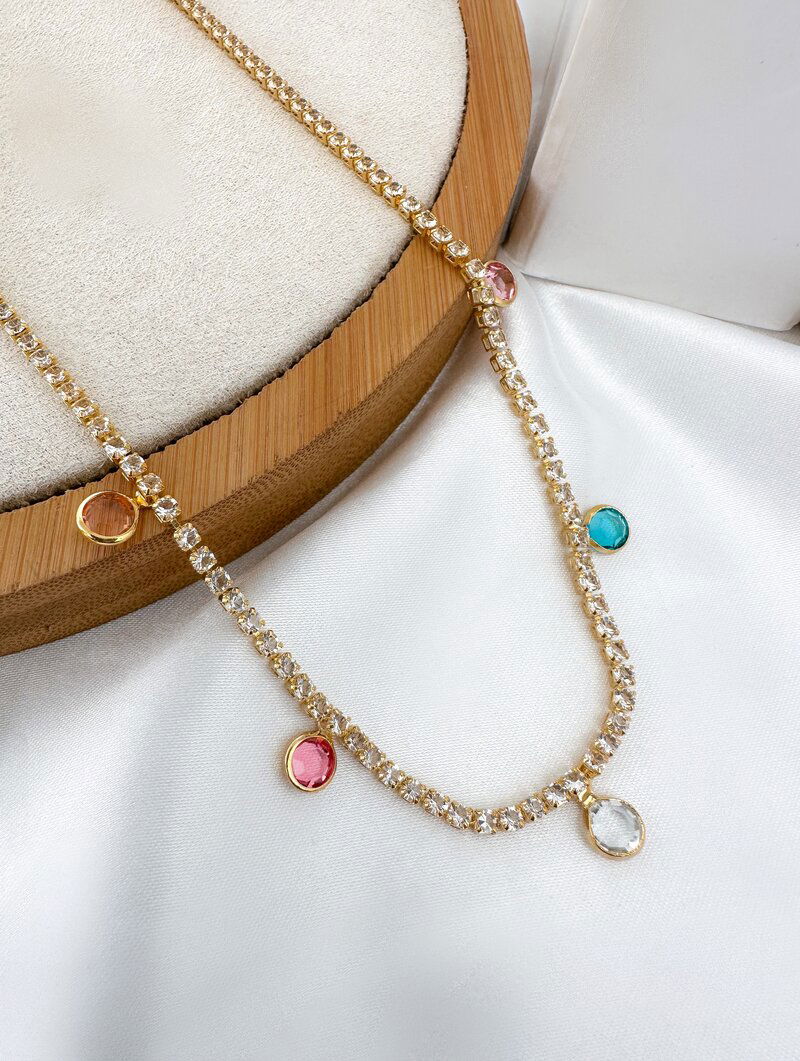 Colar Folheado a Ouro 18k Corrente de Micro Zircônias com Pedras Coloridas