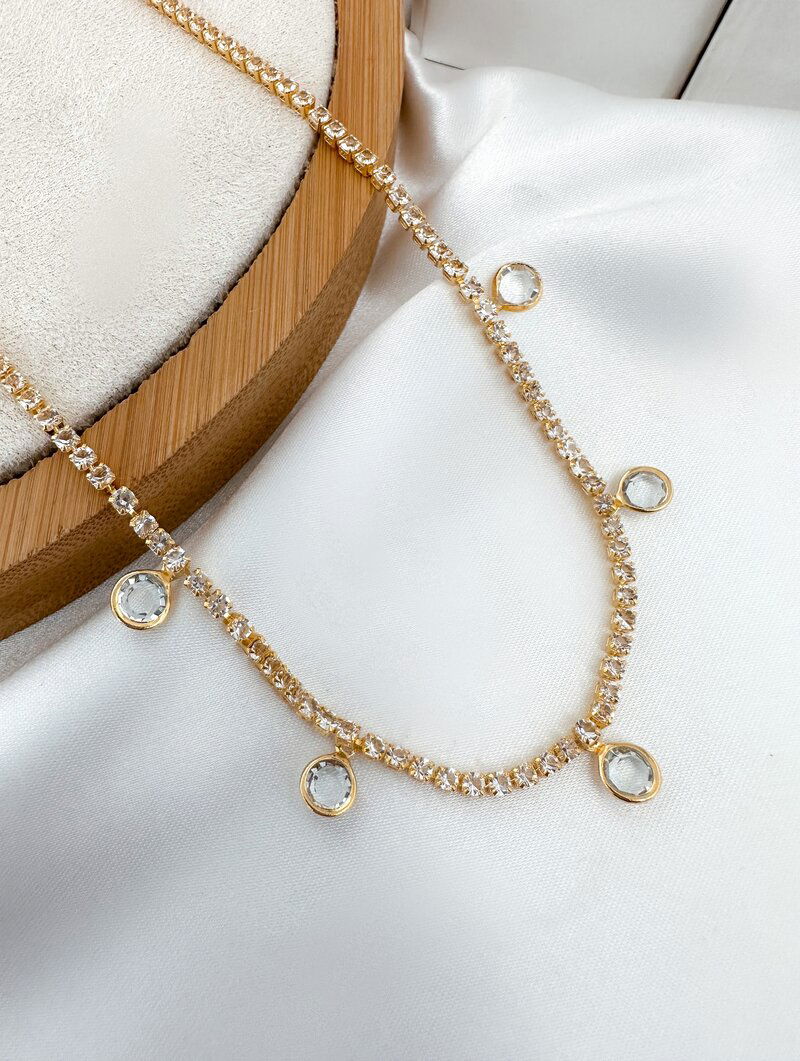 Colar Folheado a Ouro 18k Corrente de Micro Zircônias com Pontos de Luz