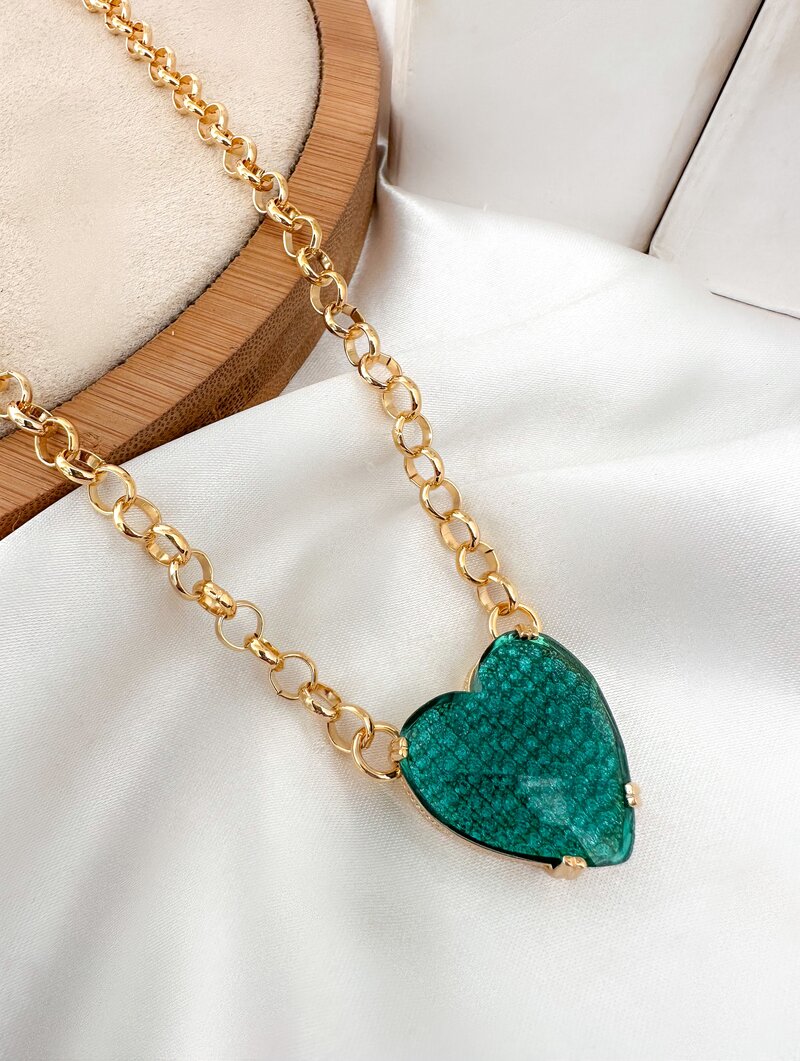 Colar Folheado a Ouro 18k Corrente Elo Português com Coração Luxo