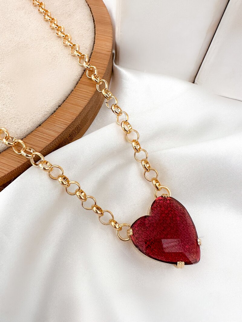 Colar Folheado a Ouro 18k Corrente Elo Português com Coração Luxo