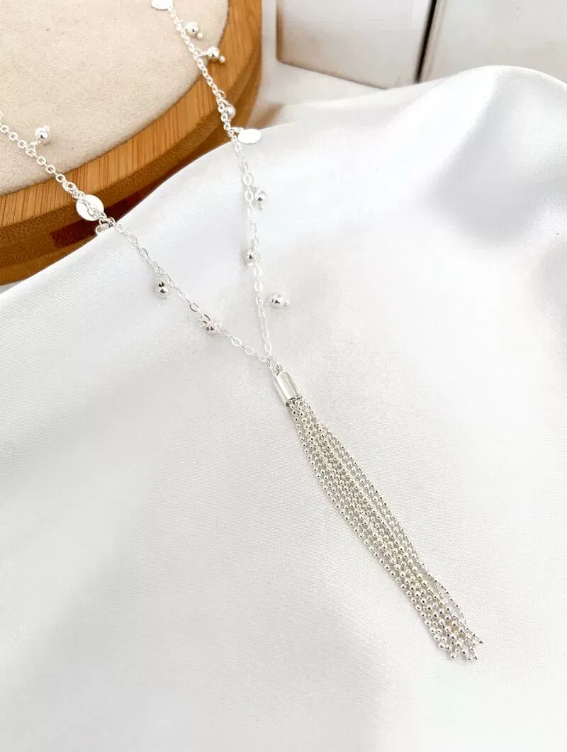 Colar Folheado a Ouro 18k e Prata 925 Colar com Esferas e Franja