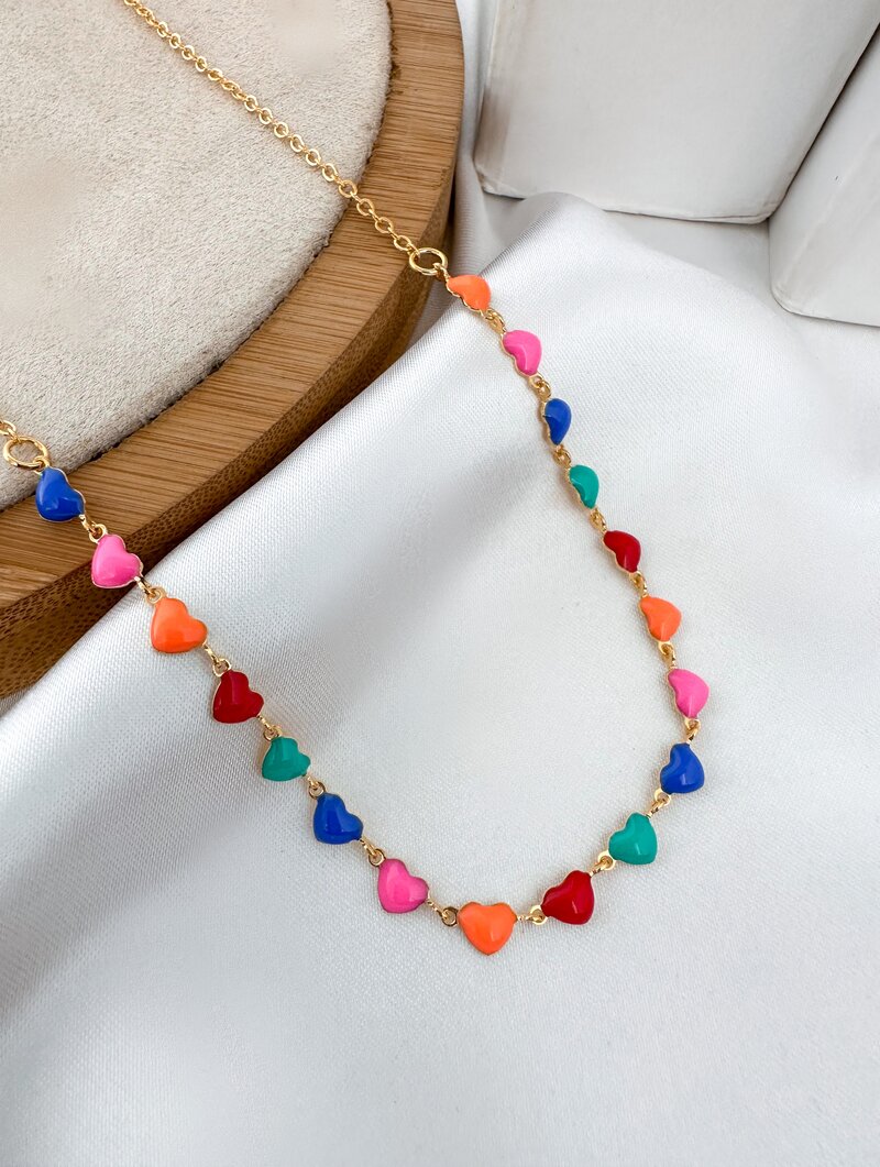 Colar Folheado a Ouro 18k e Prata 925 Corações Esmaltados Coloridos