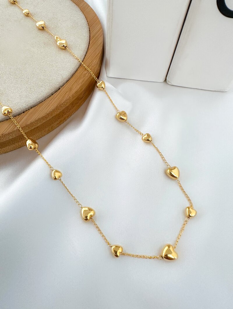 Colar Folheado a Ouro 18k e Prata 925 Corações Lisos