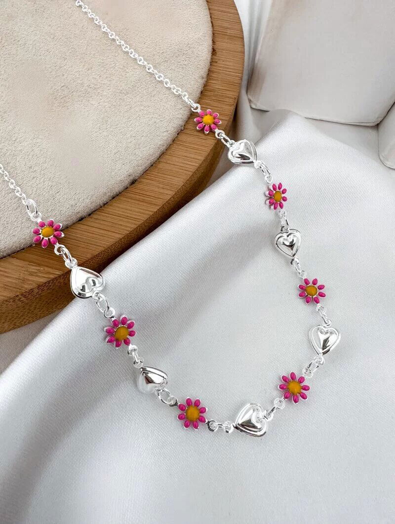 Colar Folheado a Ouro 18k e Prata 925 Corações Lisos com Flores