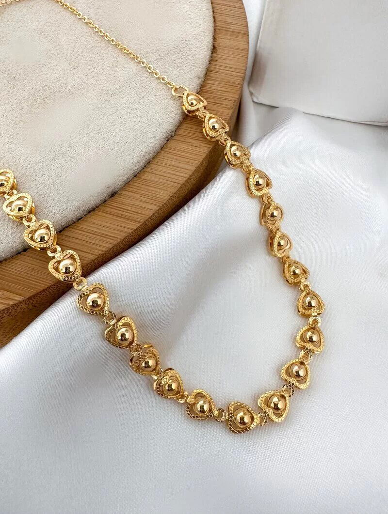 Colar Folheado a Ouro 18k e Prata 925 Corrente Corações Trabalhados