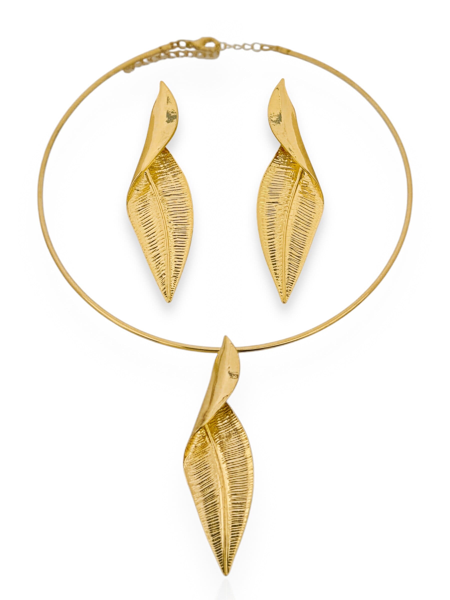 Conjunto Colar e Brinco Folheado a Ouro 18k e Prata 925 Design Folha Seca