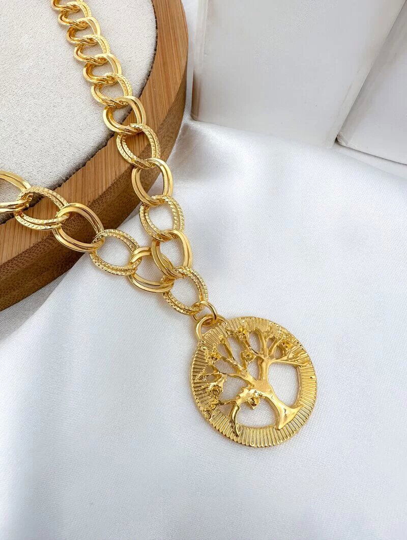 Colar Folheado a Ouro 18k e Prata 925 Elos Duplo com Pingente Árvore da Vida