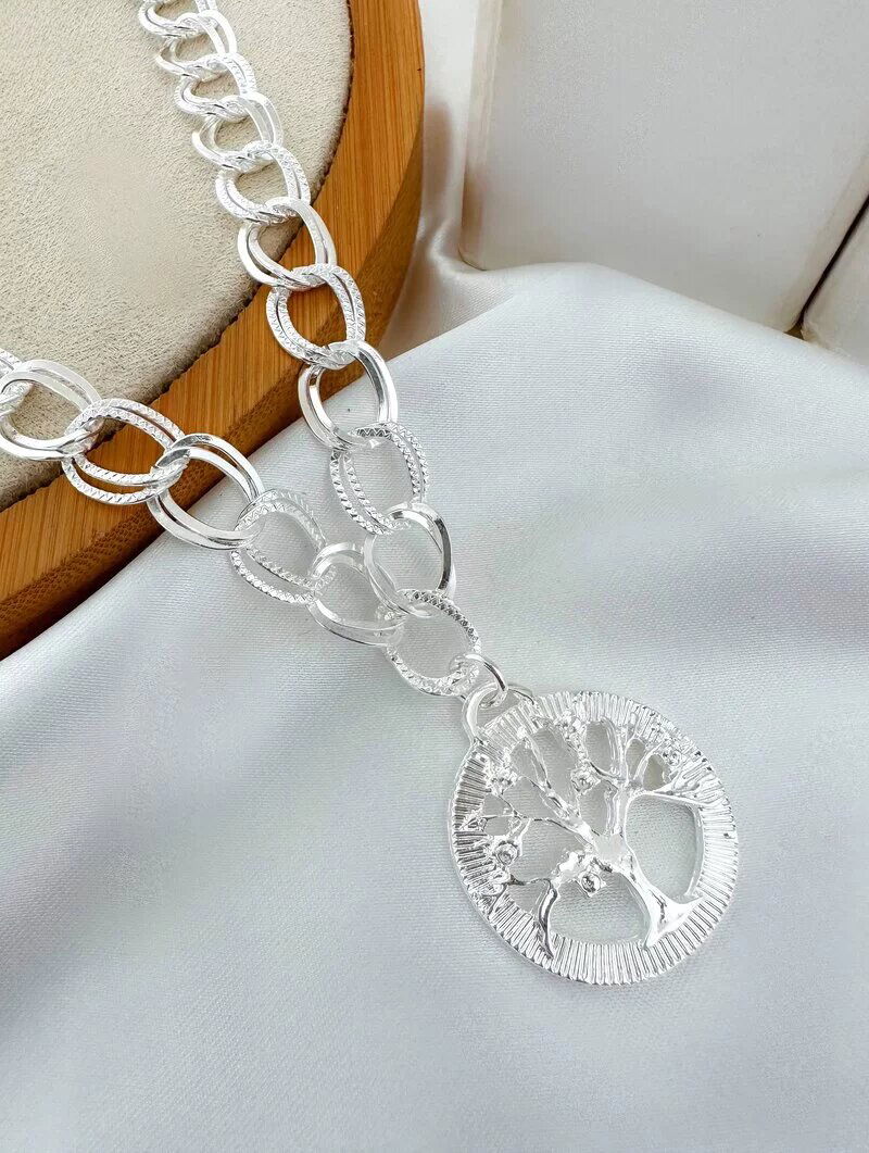 Colar Folheado a Ouro 18k e Prata 925 Elos Duplo com Pingente Árvore da Vida