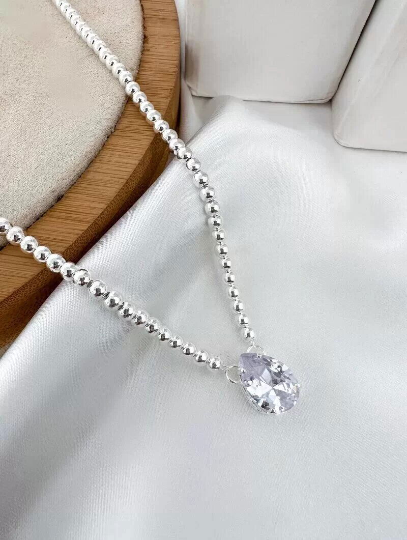 Colar Folheado a Ouro 18k e Prata 925 Esferas Lisas com Gota de Zircônia