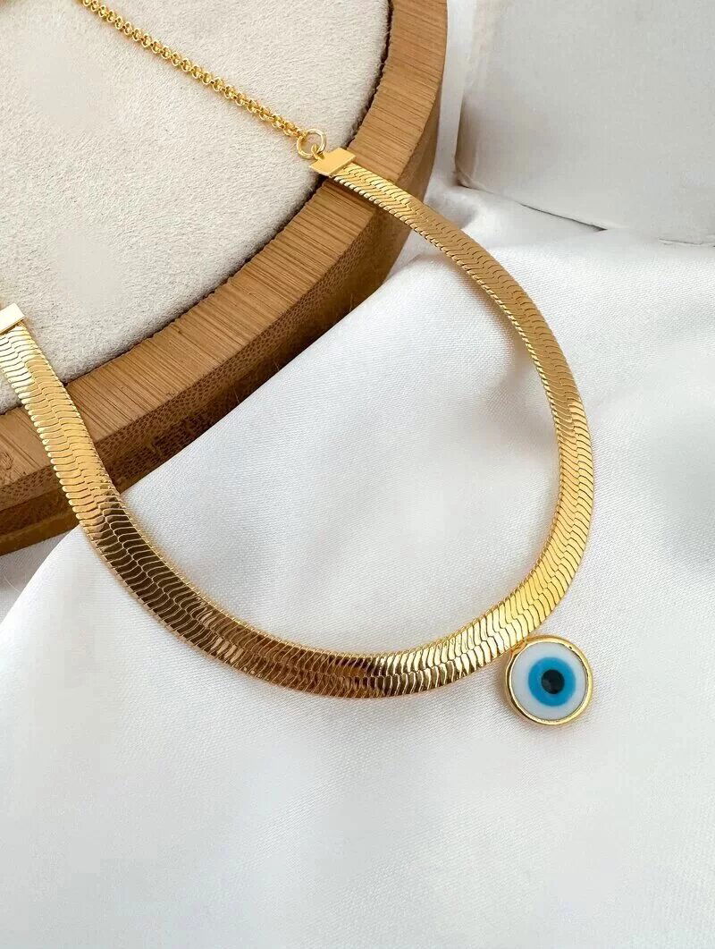 Colar Folheado a Ouro 18k e Prata 925 Fita Laminada com Olho Grego