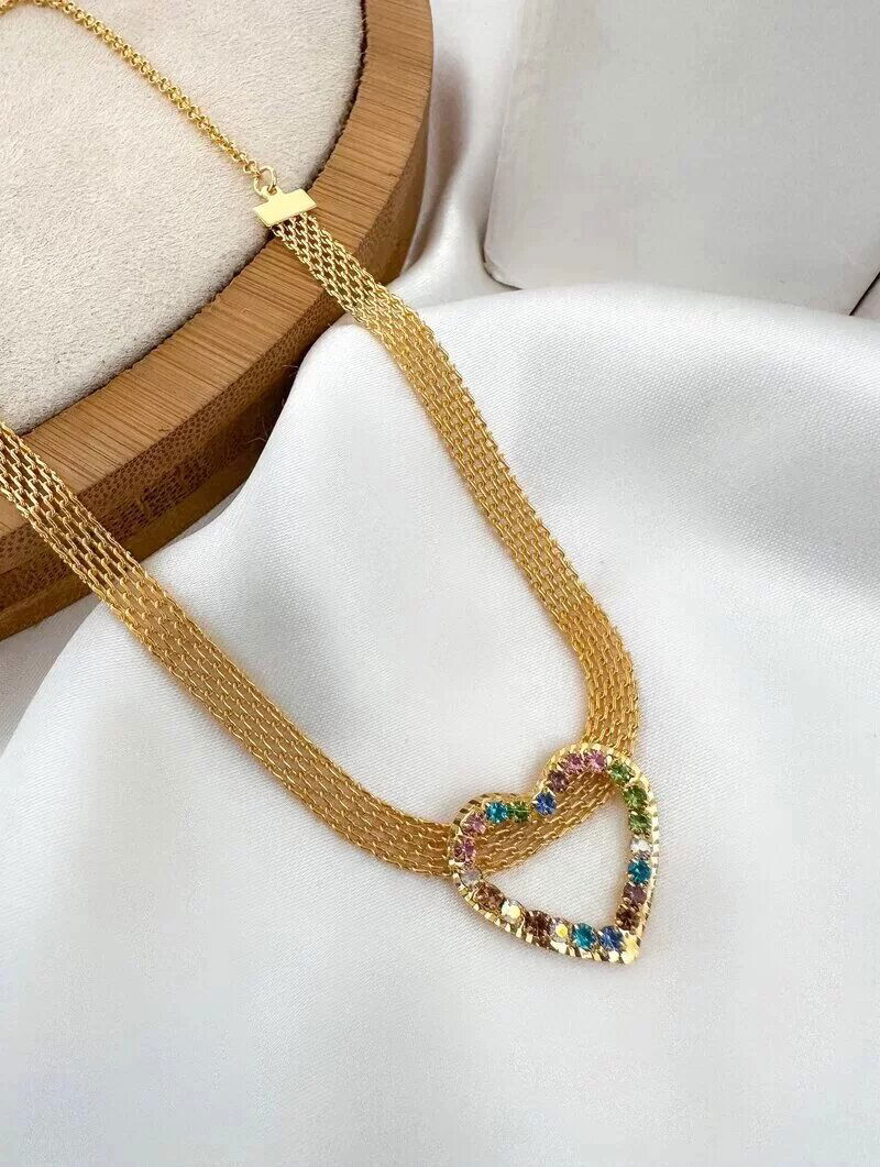 Colar Folheado a Ouro 18k e Prata 925 Manta com Coração de Zircônia Colorido