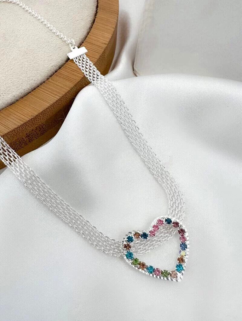 Colar Folheado a Ouro 18k e Prata 925 Manta com Coração de Zircônia Colorido