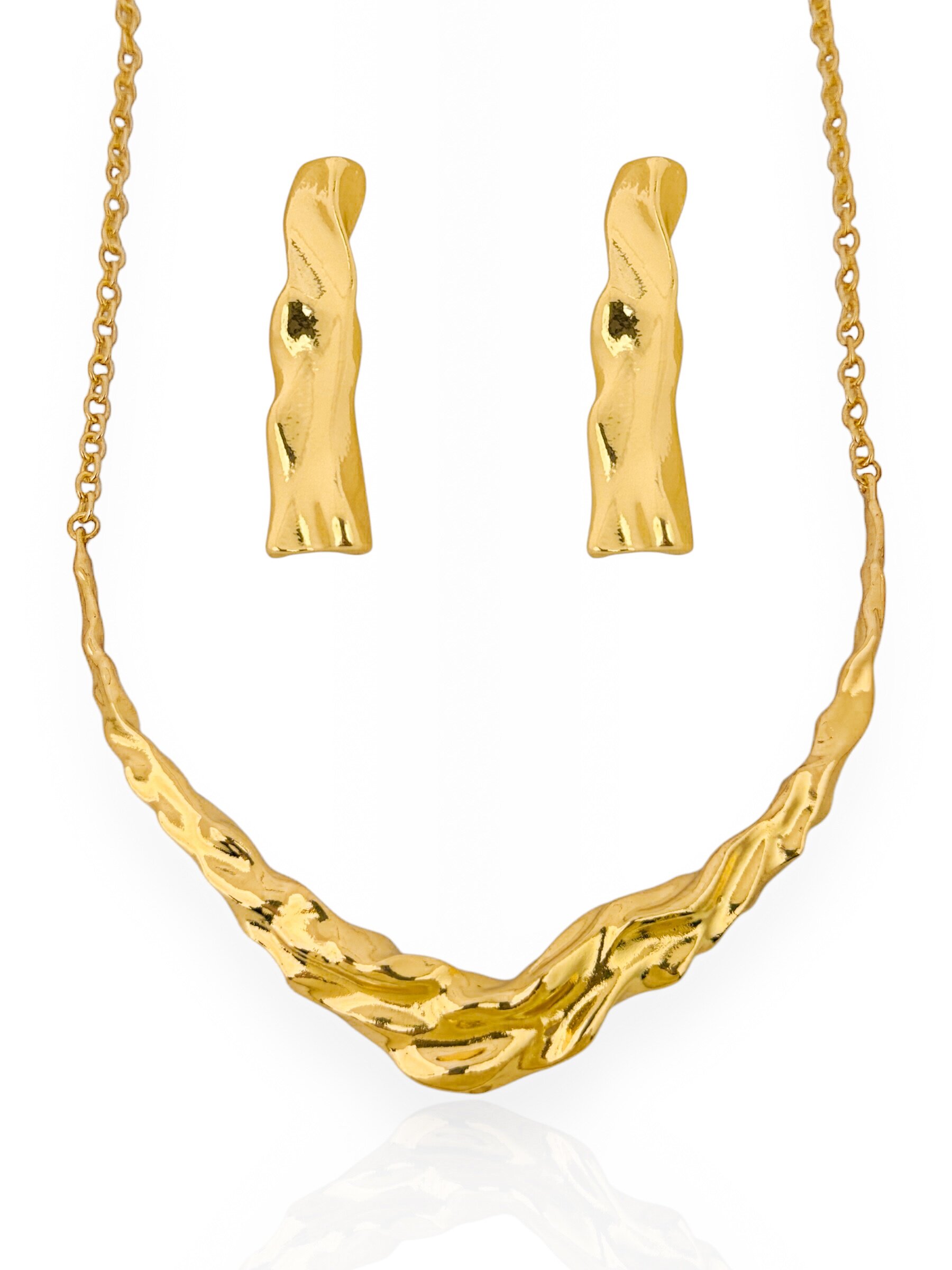 Conjunto Colar e Brinco Colar Folheado a Ouro 18k e Prata 925 Orgânico Martelado