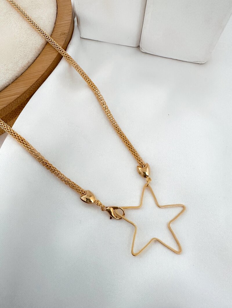 Colar Folheado a Ouro 18k e Prata 925 Rabo de Tatu com Estrela Vazada