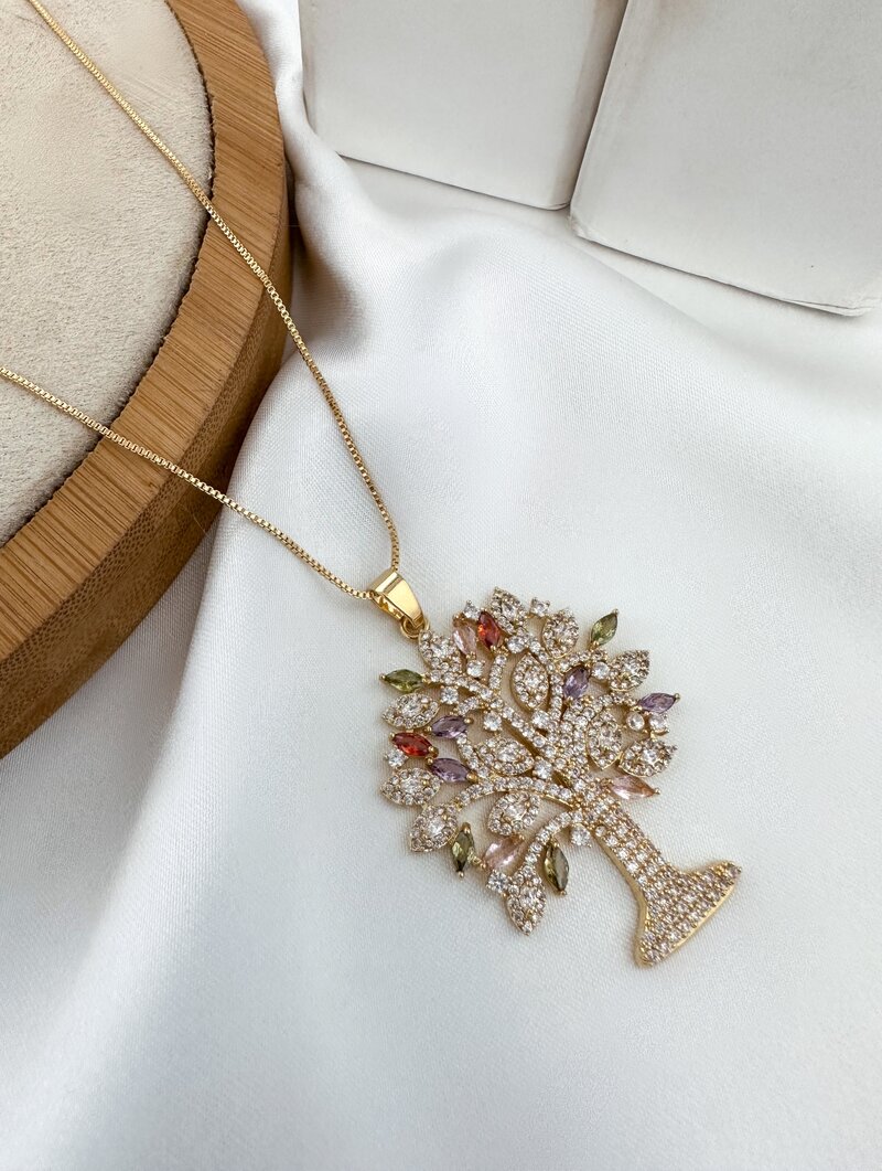 Colar Folheado a Ouro 18k e Prata Árvore Cravejada