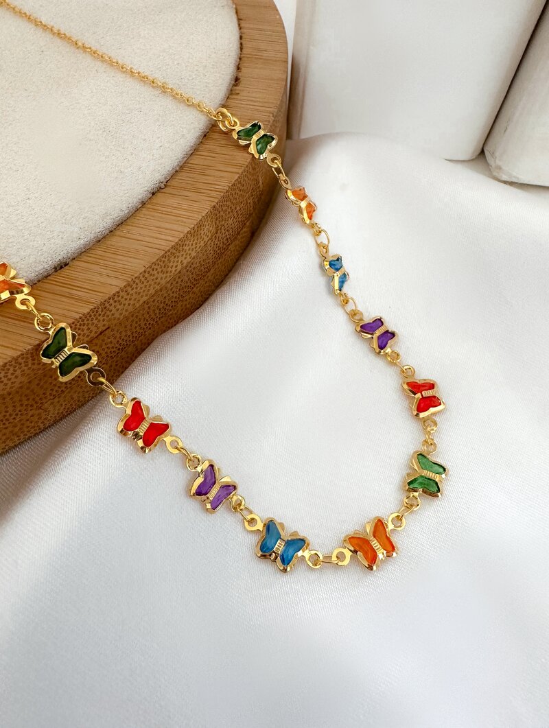 Colar Folheado a Ouro 18k e Prata Borboletas Coloridas