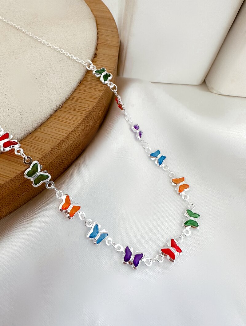 Colar Folheado a Ouro 18k e Prata Borboletas Coloridas