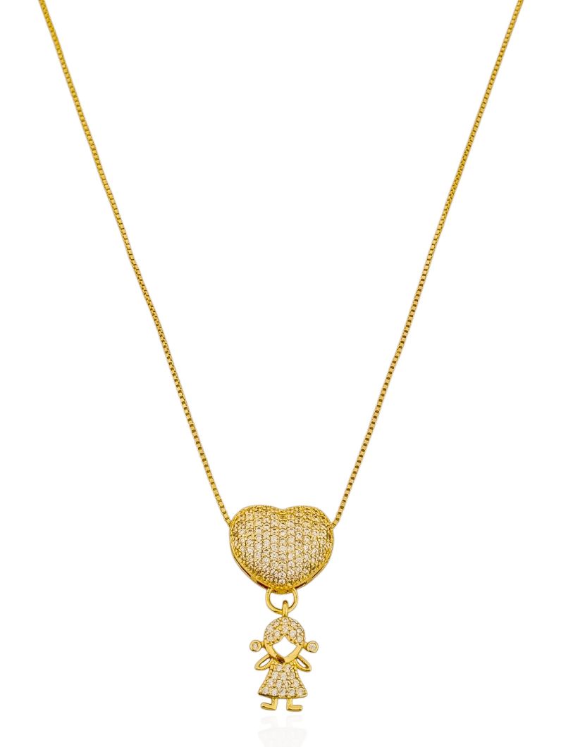 Colar Folheado a Ouro 18k e Prata Coração e Menina Cravejada