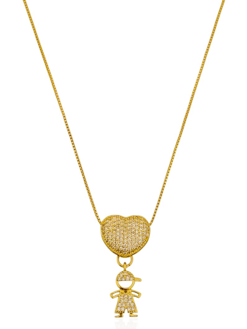 Colar Folheado a Ouro 18k e Prata Coração e Menino Cravejado