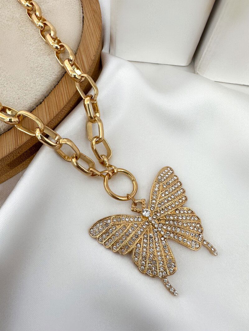 Colar Folheado a Ouro 18k e Prata Correntaria com Borboleta Cravejada