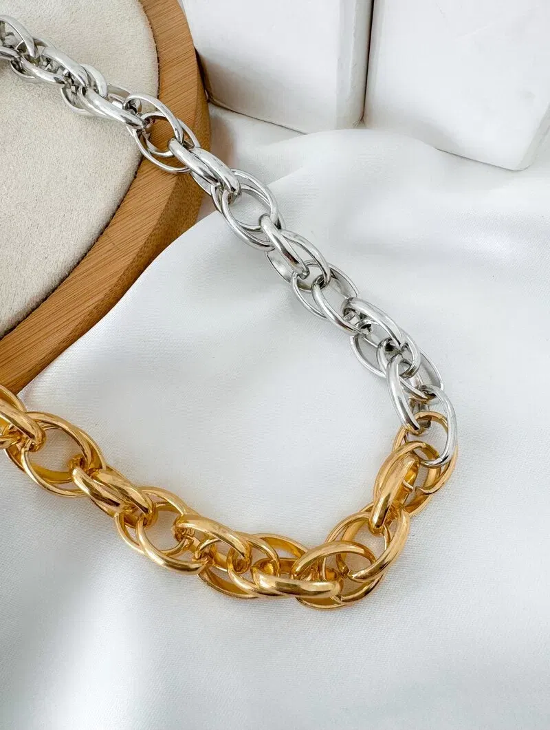 Colar Folheado a Ouro 18K e Prata Correntaria Elo Oval Duplo Mix Banho