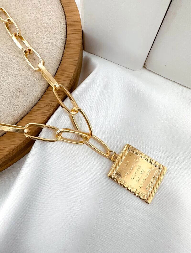 Colar Folheado a Ouro 18k e Prata Corrente com Pingente Tudo Posso Naquele Que Me Fortalece