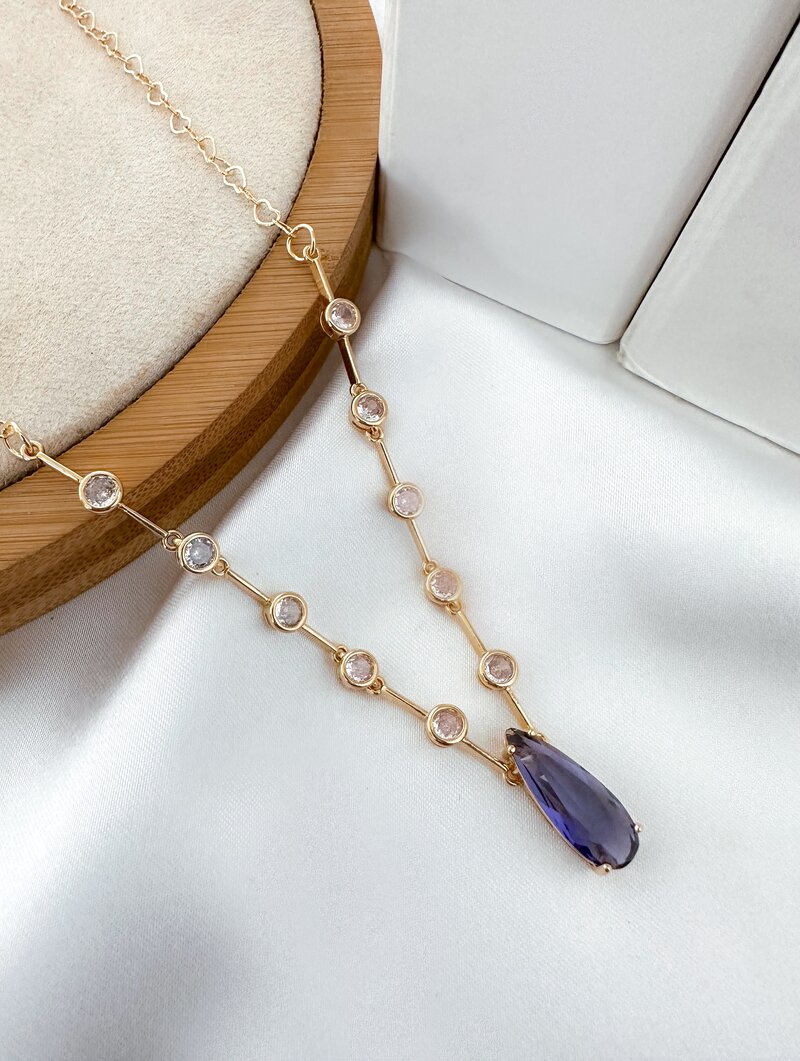 Colar Folheado a Ouro 18k e Prata Corrente com Pontos de Luz e Pingente Gota