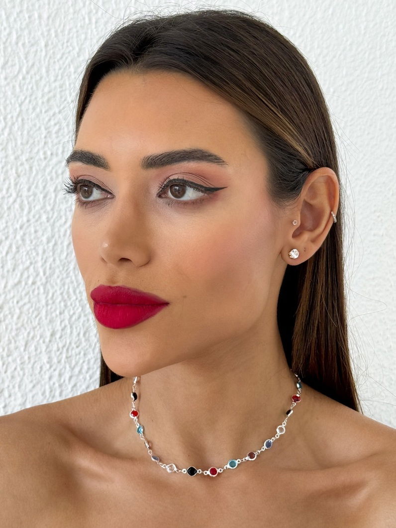 Colar Folheado a Ouro 18k e Prata Cristais Redondos Coloridos