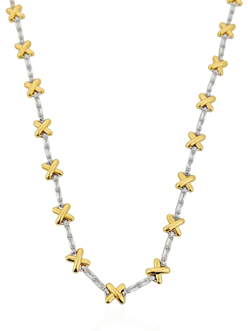 Colar Folheado a Ouro 18k e Prata Design 'X' com Navetes