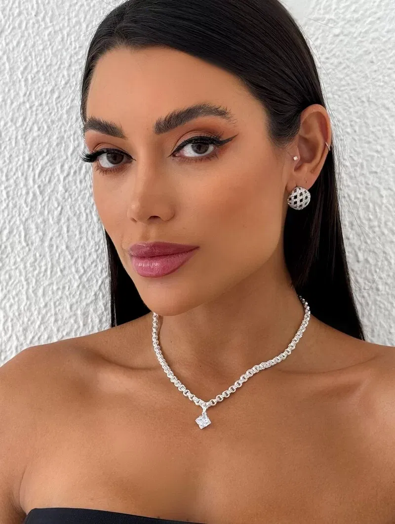 Colar Folheado a Ouro 18k e Prata Elos Duplos com Pedra de Zircônia