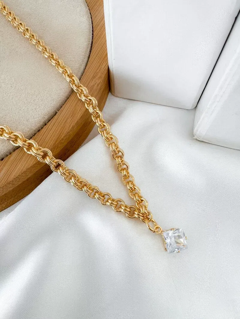 Colar Folheado a Ouro 18k e Prata Elos Duplos com Pedra de Zircônia