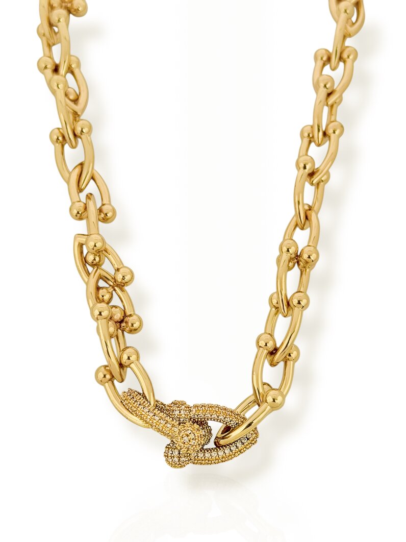 Colar Folheado a ouro 18K e Prata Elos Maximalista Liso e Meio Cravejado