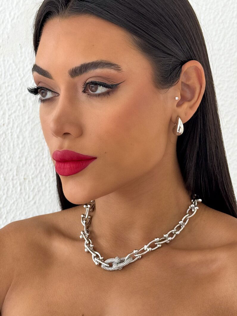 Colar Folheado a ouro 18K e Prata Elos Maximalista Liso e Meio Cravejado