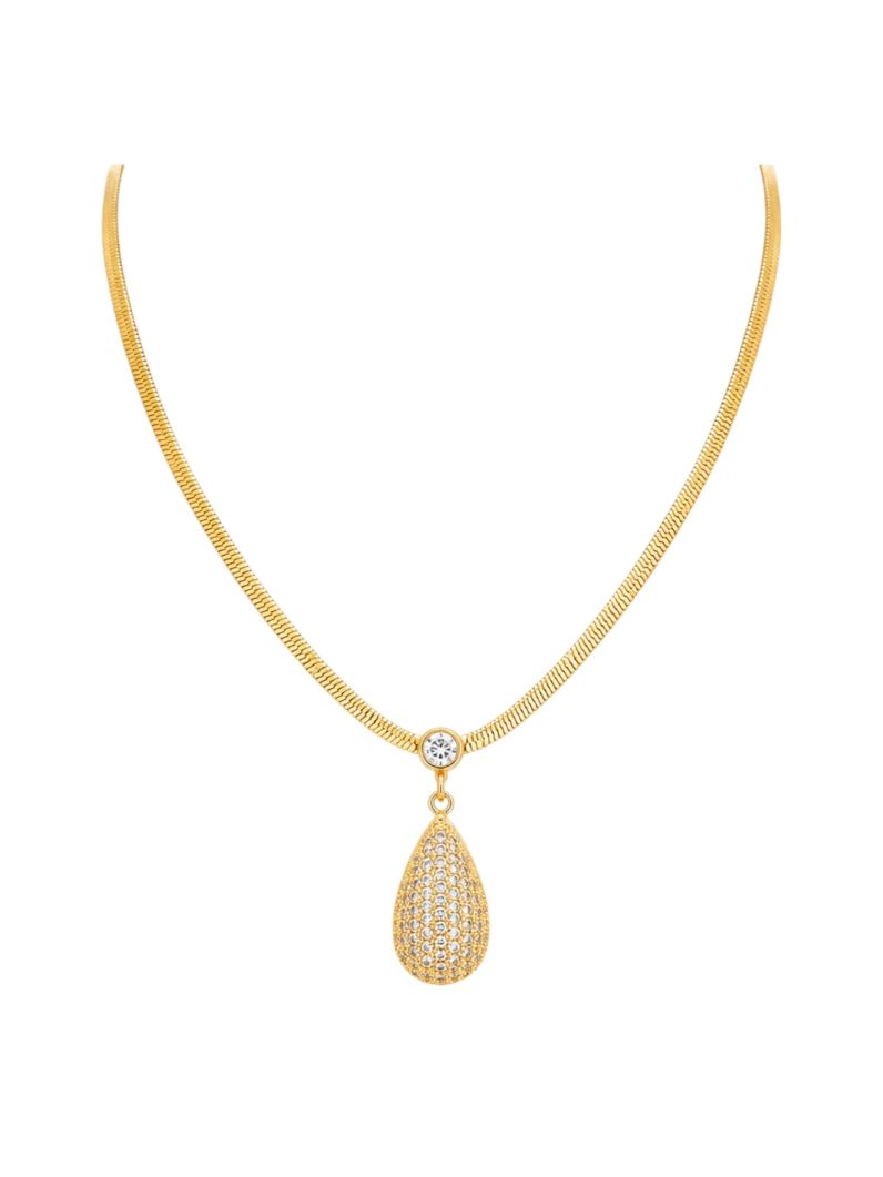 Colar Folheado a Ouro 18k e Prata Fita Laminada e Gota Cravejada