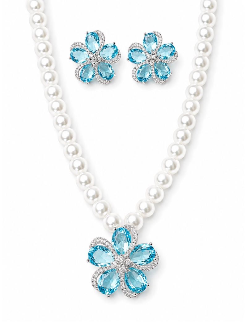 Conjunto Colar e Brinco Folheado a Ouro 18k e Prata Flor Pérola Zircônia
