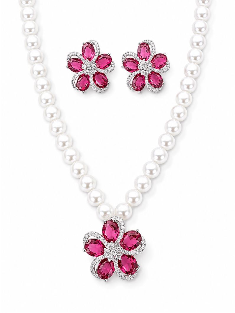 Conjunto Colar e Brinco Folheado a Ouro 18k e Prata Flor Pérola Zircônia