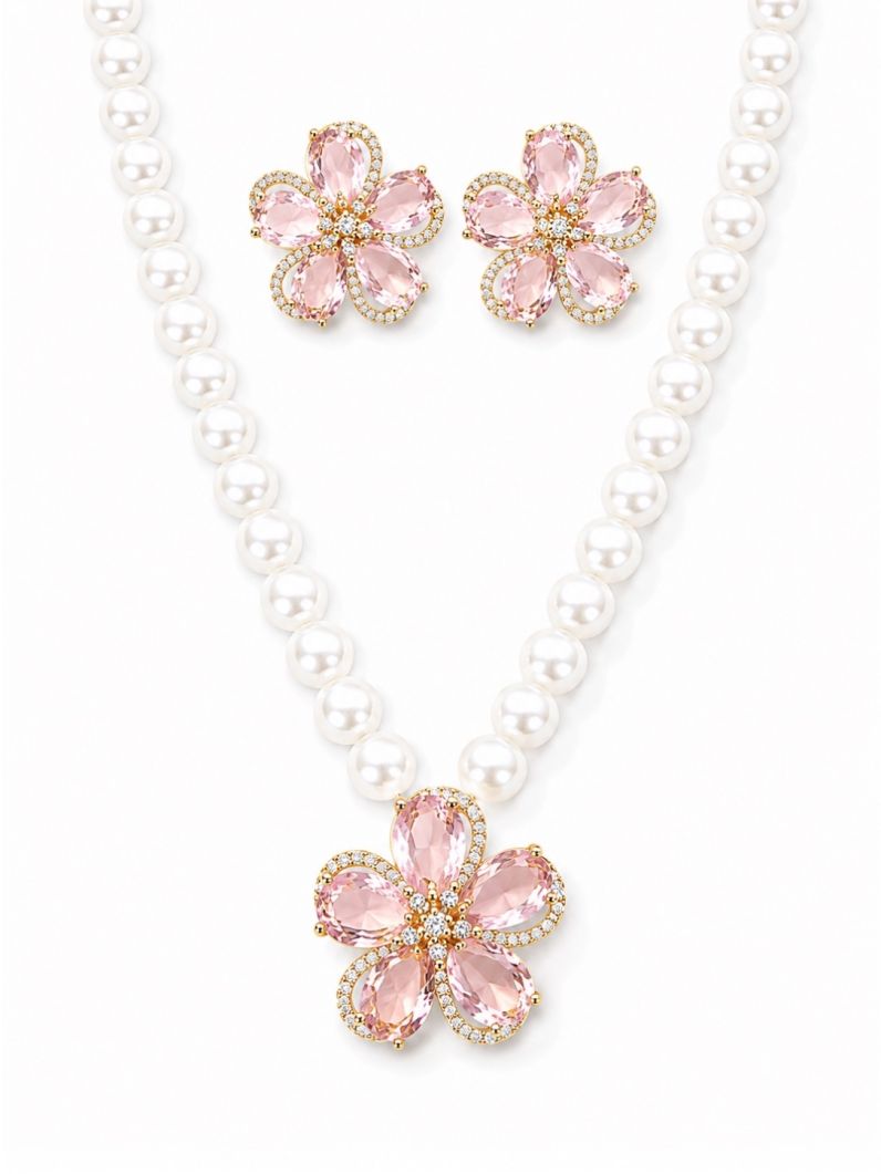 Conjunto Colar e Brinco Folheado a Ouro 18k e Prata Flor Pérola Zircônia