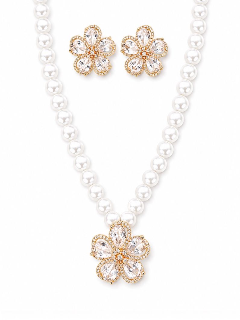 Conjunto Colar e Brinco Folheado a Ouro 18k e Prata Flor Pérola Zircônia