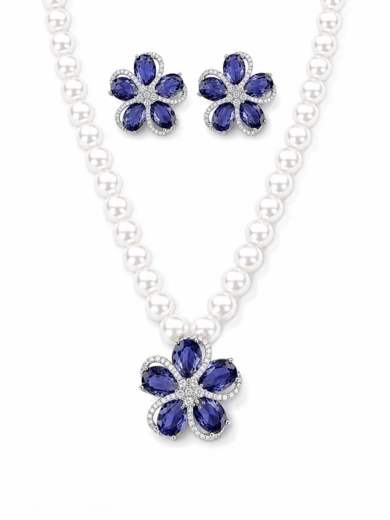 Conjunto Colar e Brinco Folheado a Ouro 18k e Prata Flor Pérola Zircônia