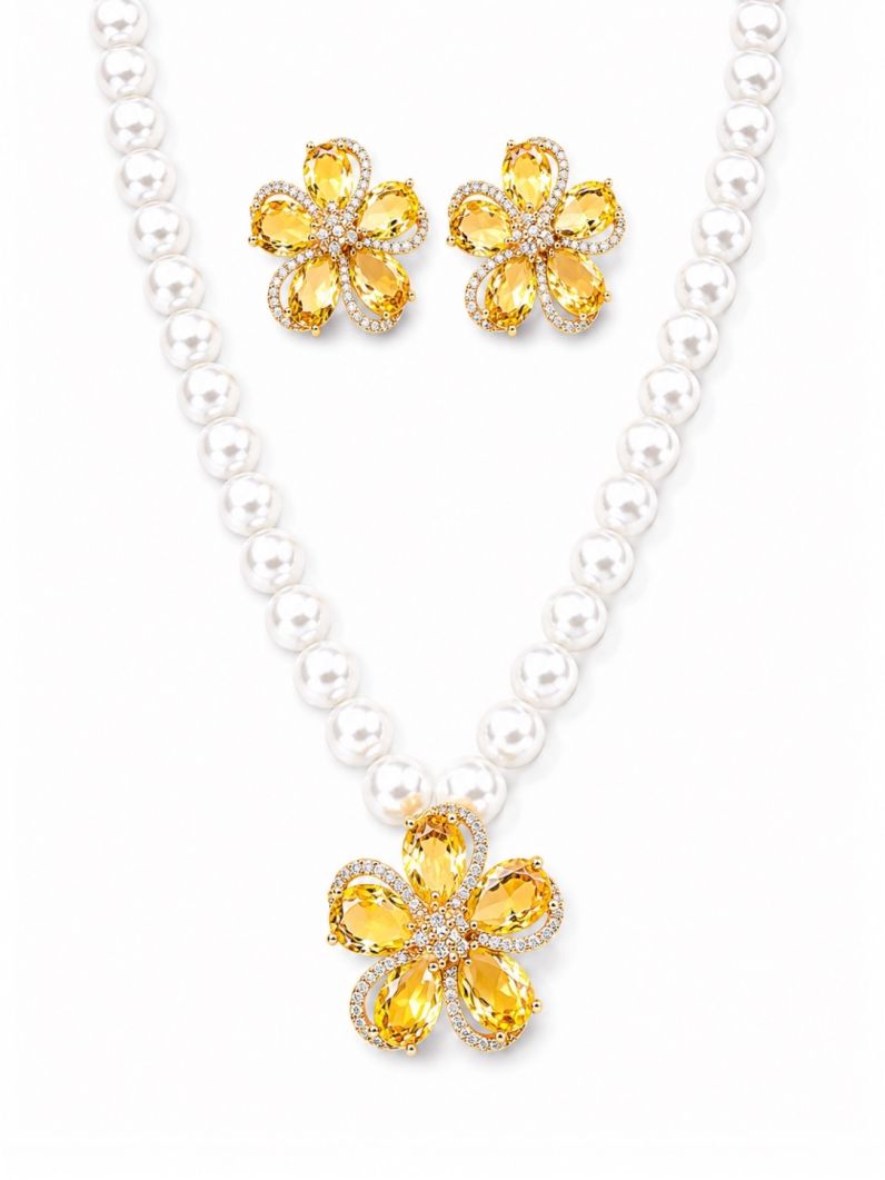 Conjunto Colar e Brinco Folheado a Ouro 18k e Prata Flor Pérola Zircônia