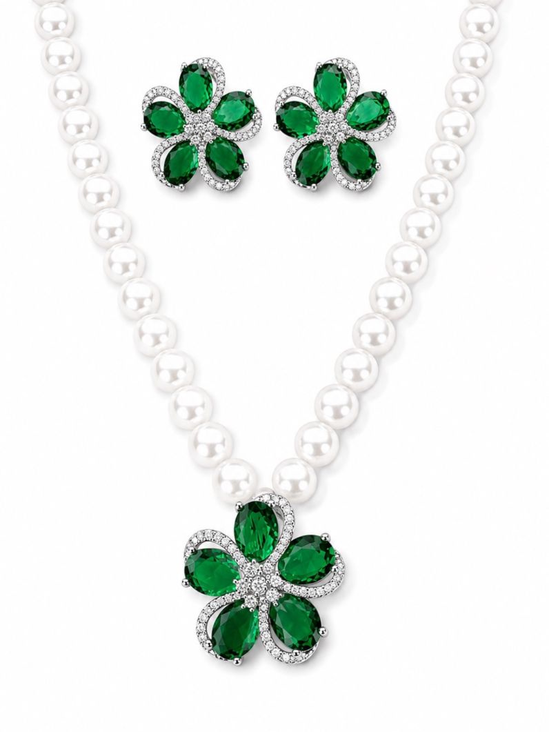 Conjunto Colar e Brinco Folheado a Ouro 18k e Prata Flor Pérola Zircônia