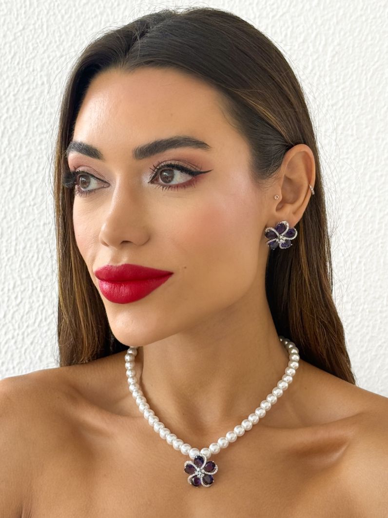 Conjunto Colar e Brinco Folheado a Ouro 18k e Prata Flor Pérola Zircônia