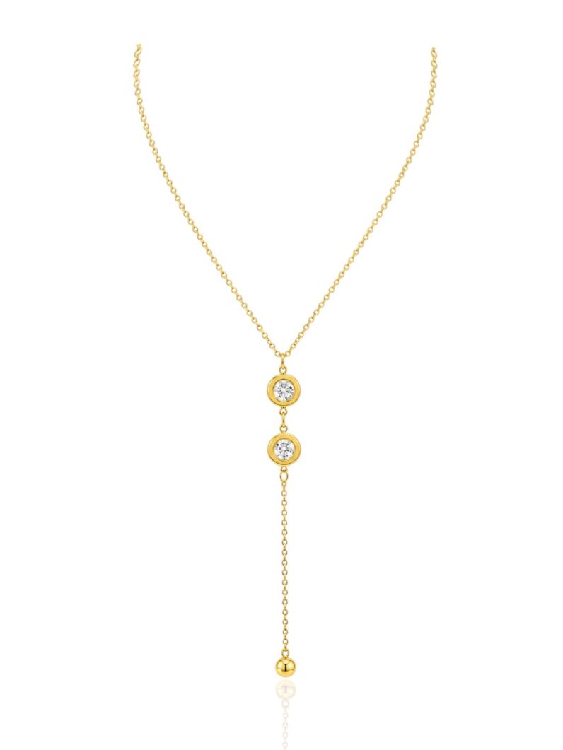 Colar Aço Inoxidavel Folheado a Ouro 18k e Prata Lariat Inspiração Grandes Marcas Com Cristal