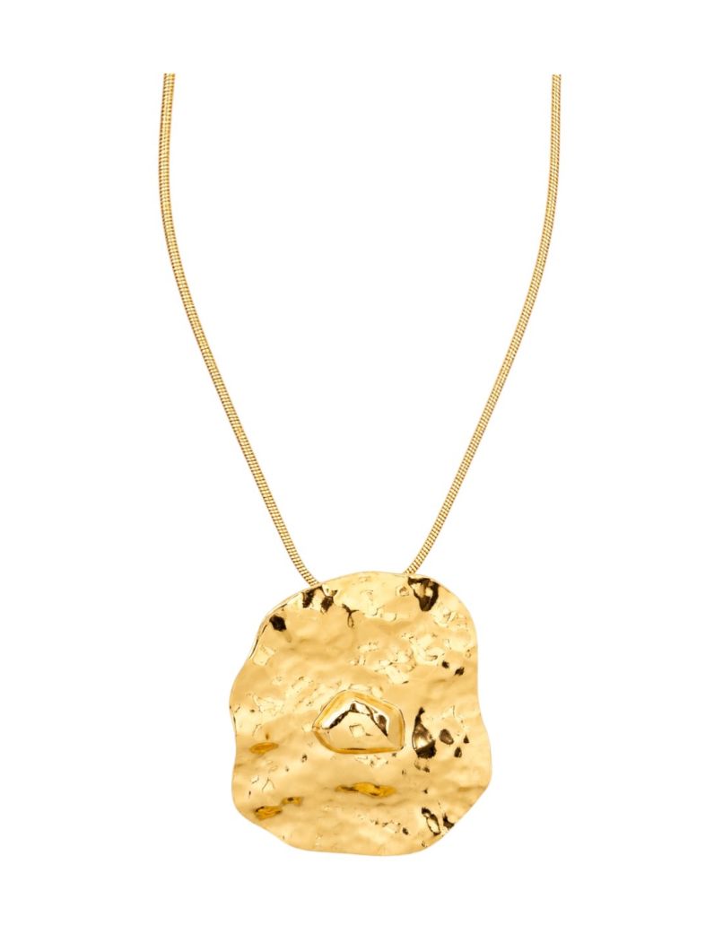 Colar Folheado a Ouro 18k e Prata Longo Com Pingente Organico Martelado